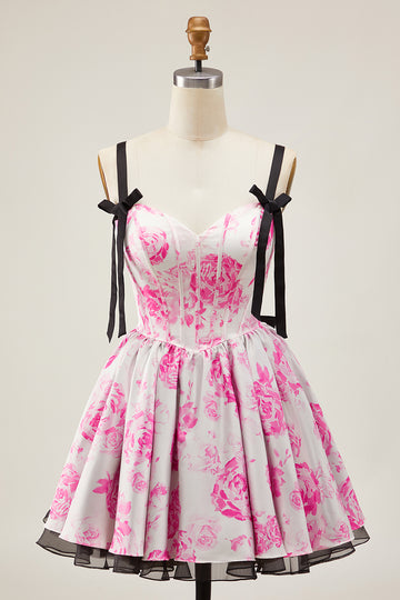 Corset A-Line White Fuchsia Flower Homecoming Dress With Bow